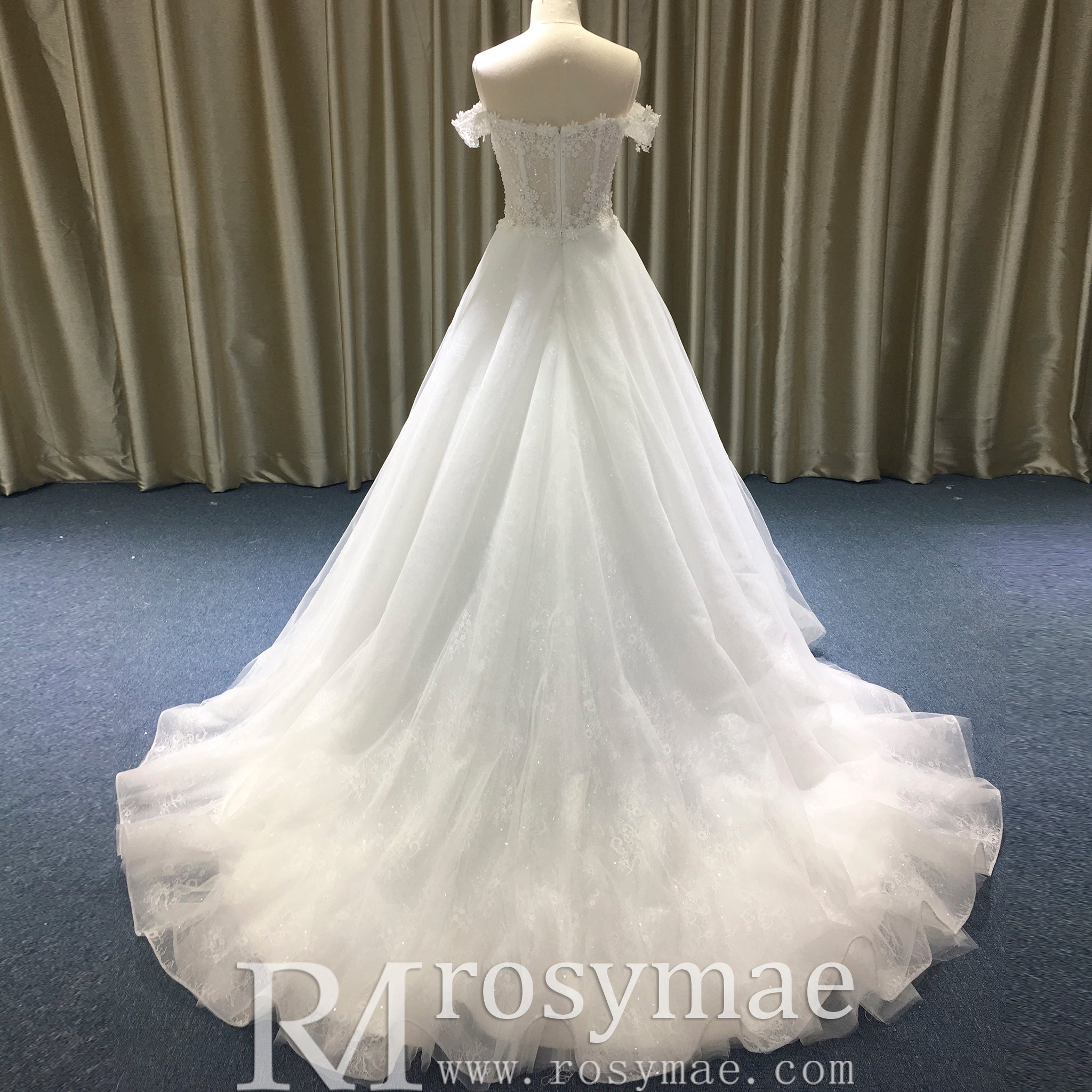Best Off the Shoulder Sheer Bodice A Line Lace Wedding Dress - Rosymae