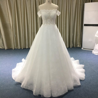 Best Off the Shoulder Sheer Bodice A Line Lace Wedding Dress - Rosymae