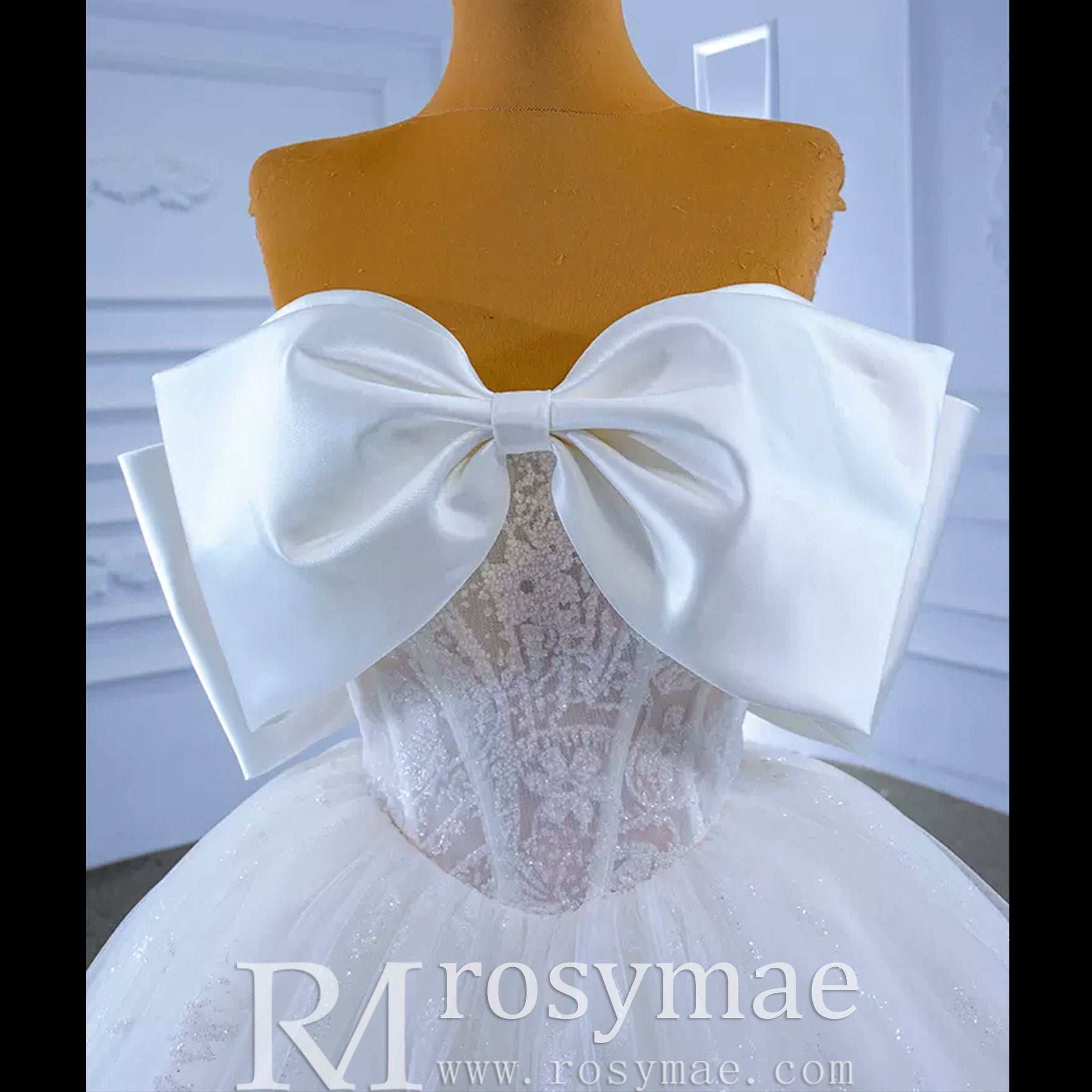 Big Bow Puffy Wedding Dresses Glittery Ball Gown Bridal Gowns - Rosymae