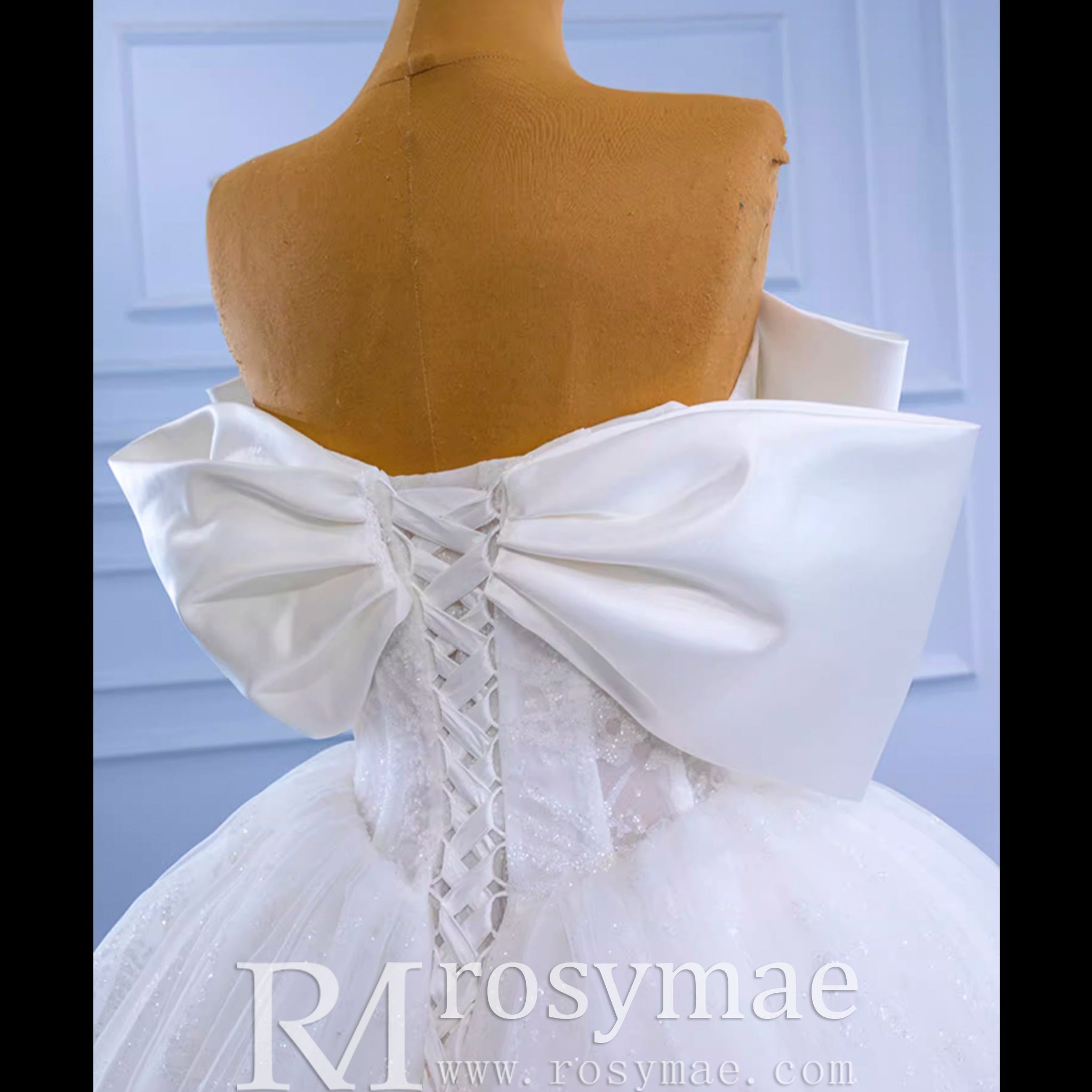 Big Bow Puffy Wedding Dresses Glittery Ball Gown Bridal Gowns - Rosymae