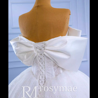 Big Bow Puffy Wedding Dresses Glittery Ball Gown Bridal Gowns - Rosymae