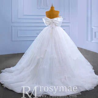 Big Bow Puffy Wedding Dresses Glittery Ball Gown Bridal Gowns - Rosymae