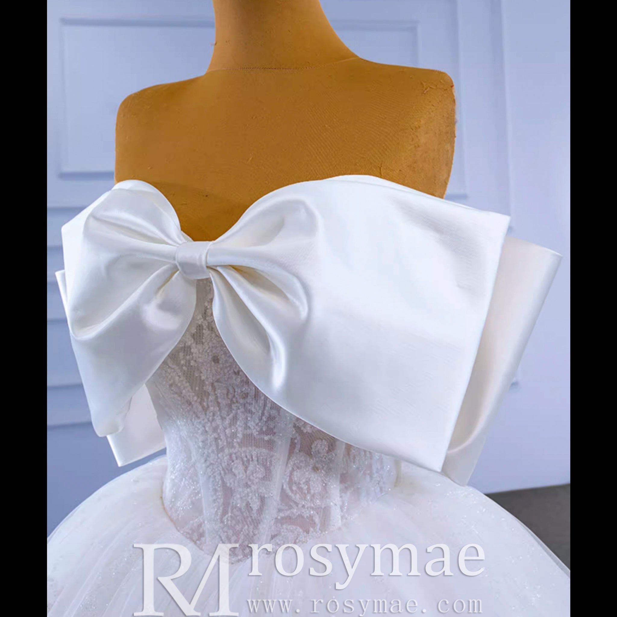 Big Bow Puffy Wedding Dresses Glittery Ball Gown Bridal Gowns - Rosymae
