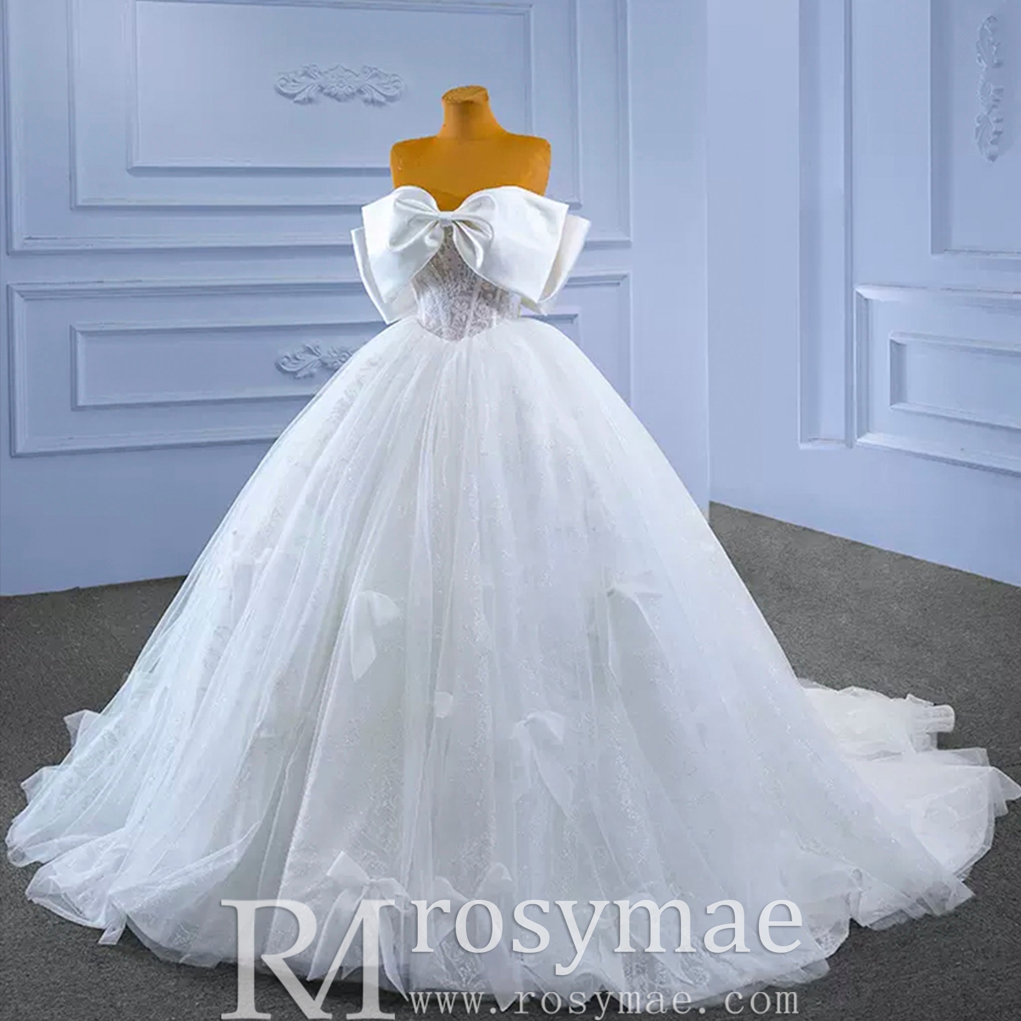 Big Bow Puffy Wedding Dresses Glittery Ball Gown Bridal Gowns - Rosymae