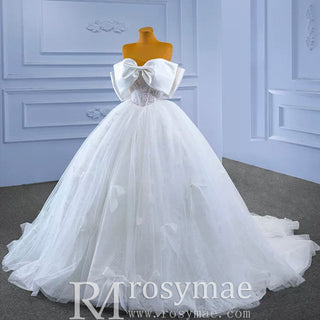 Big Bow Puffy Wedding Dresses Glittery Ball Gown Bridal Gowns - Rosymae