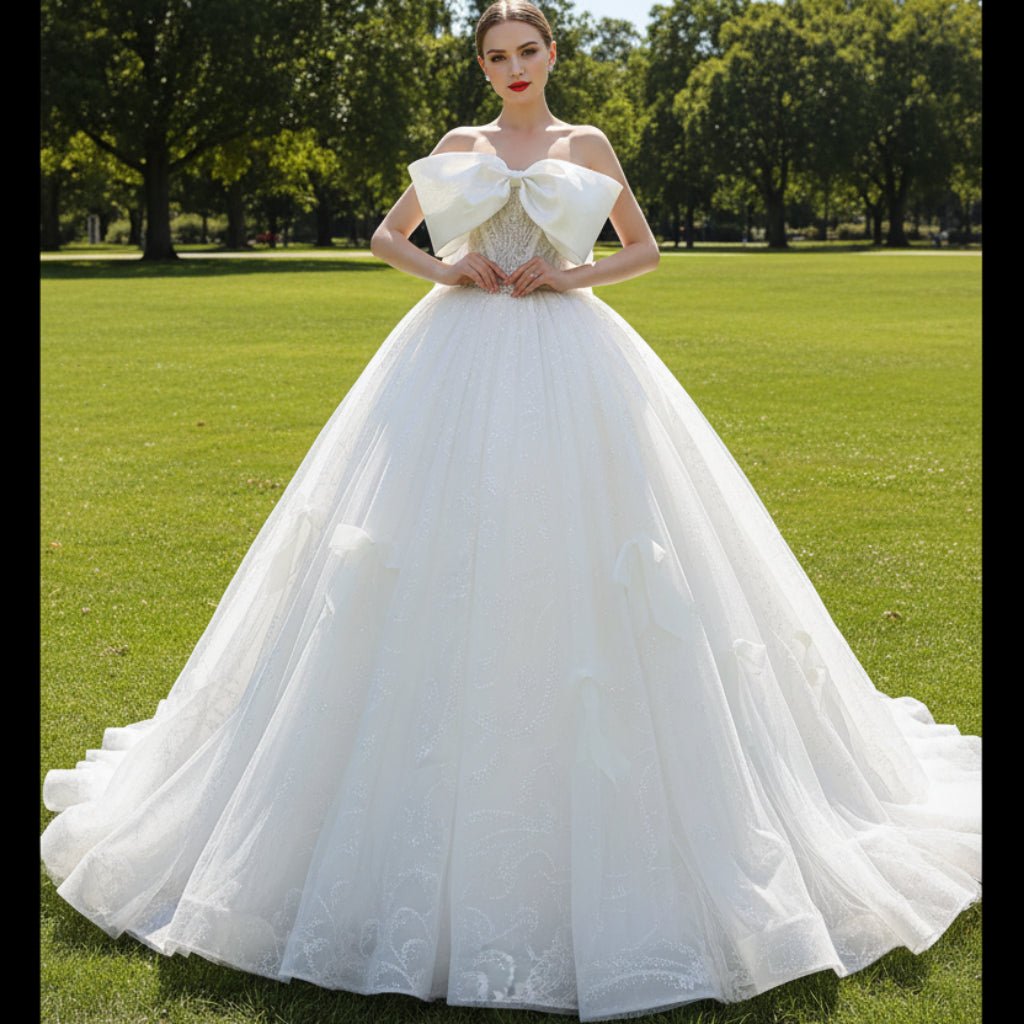Big Bow Puffy Wedding Dresses Glittery Ball Gown Bridal Gowns - Rosymae