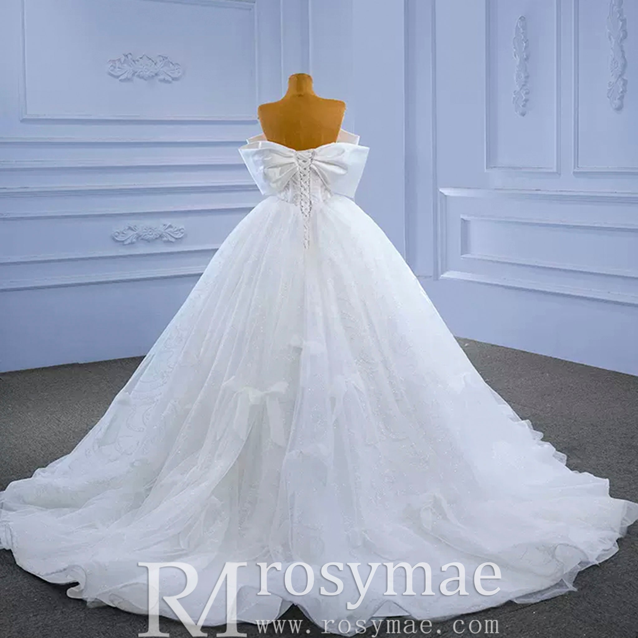 Big Bow Puffy Wedding Dresses Glittery Ball Gown Bridal Gowns - Rosymae