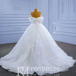 Big Bow Puffy Wedding Dresses Glittery Ball Gown Bridal Gowns - Rosymae