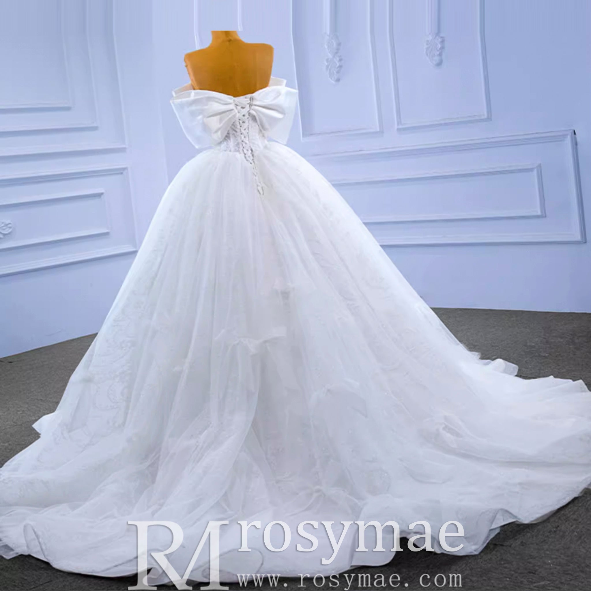 Big Bow Puffy Wedding Dresses Glittery Ball Gown Bridal Gowns - Rosymae