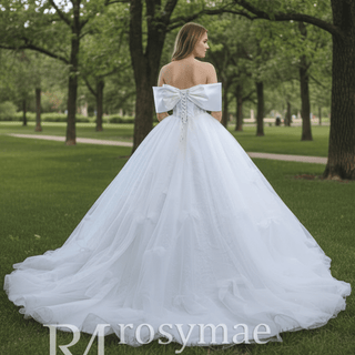 Big Bow Puffy Wedding Dresses Glittery Ball Gown Bridal Gowns - Rosymae