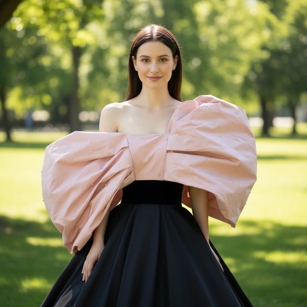 Big Puffy Sleeve Black & Pink Formal Dress Party Gowns Floor Length - Rosymae
