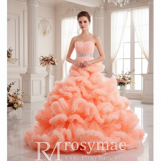 Strapless Ruffle Colored Wedding Dress with Puffy Skirt