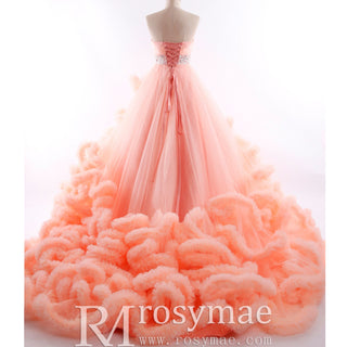 Strapless Ruffle Colored Wedding Dress with Puffy Skirt
