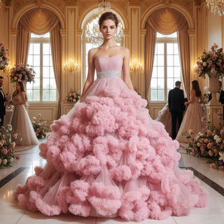 Strapless Ruffle Colored Wedding Dress with Puffy Skirt