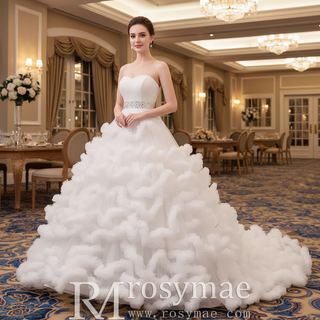 Strapless Ruffle Colored Wedding Dress with Puffy Skirt