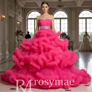 Strapless Ruffle Colored Wedding Dress with Puffy Skirt