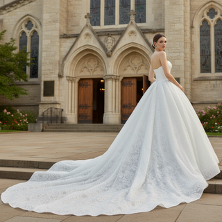 Puffy Skirt Ball Gown Lace Wedding Dress with V Neckline