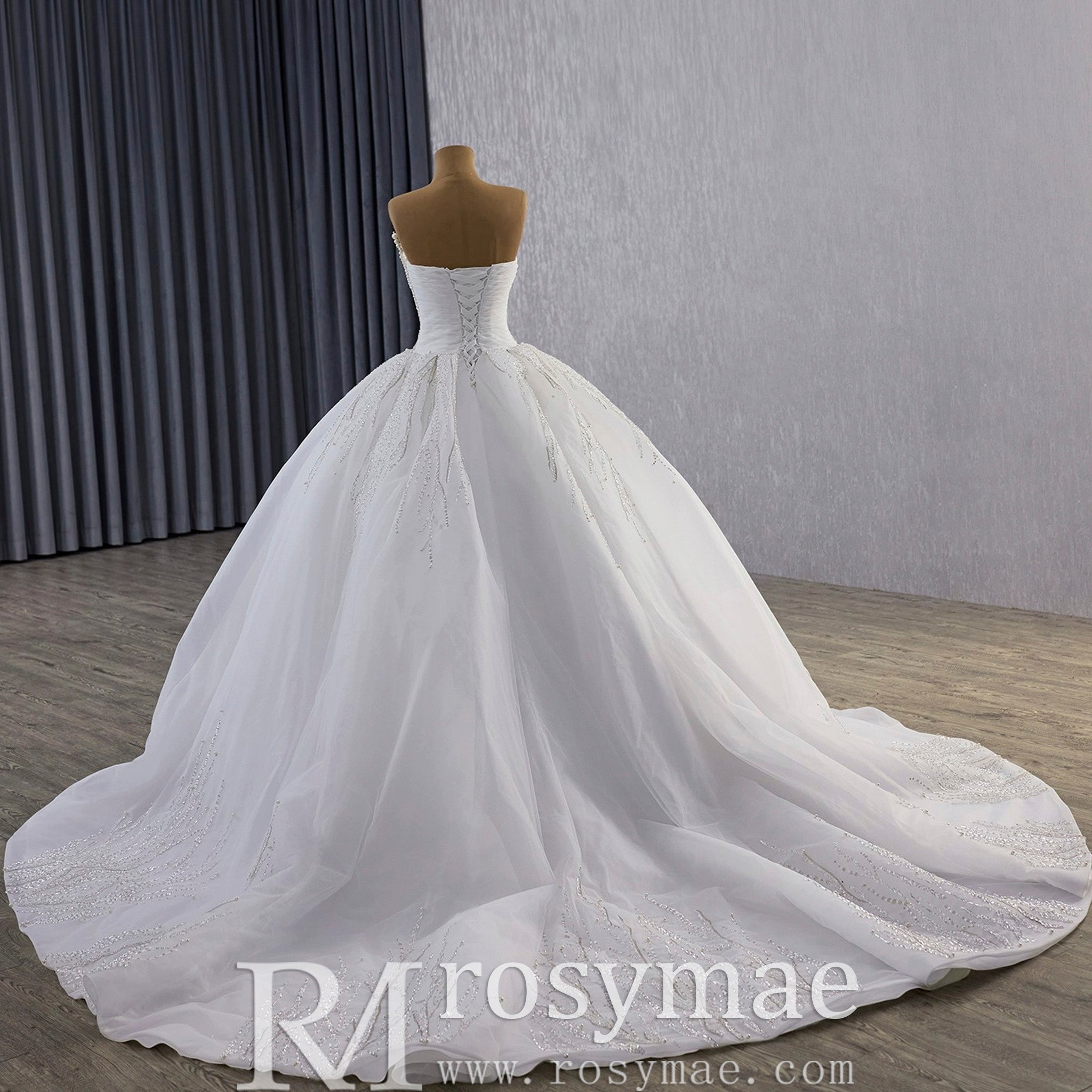 Big Train Strapless Puffy Skirt Ball Gown Wedding Dress with Pearls - Rosymae