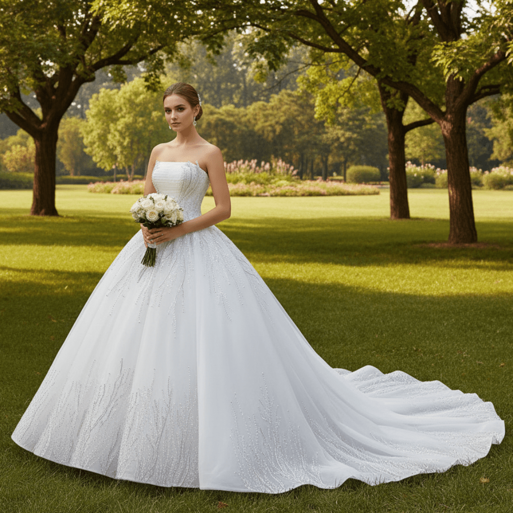 Big Train Strapless Puffy Skirt Ball Gown Wedding Dress with Pearls - Rosymae