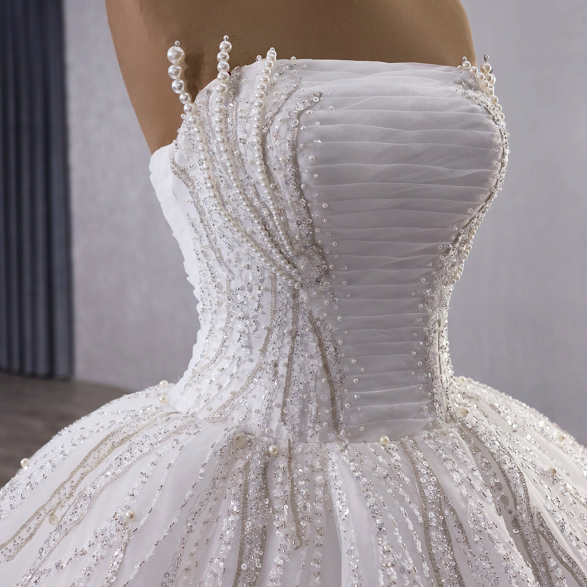 Big Train Strapless Puffy Skirt Ball Gown Wedding Dress with Pearls - Rosymae