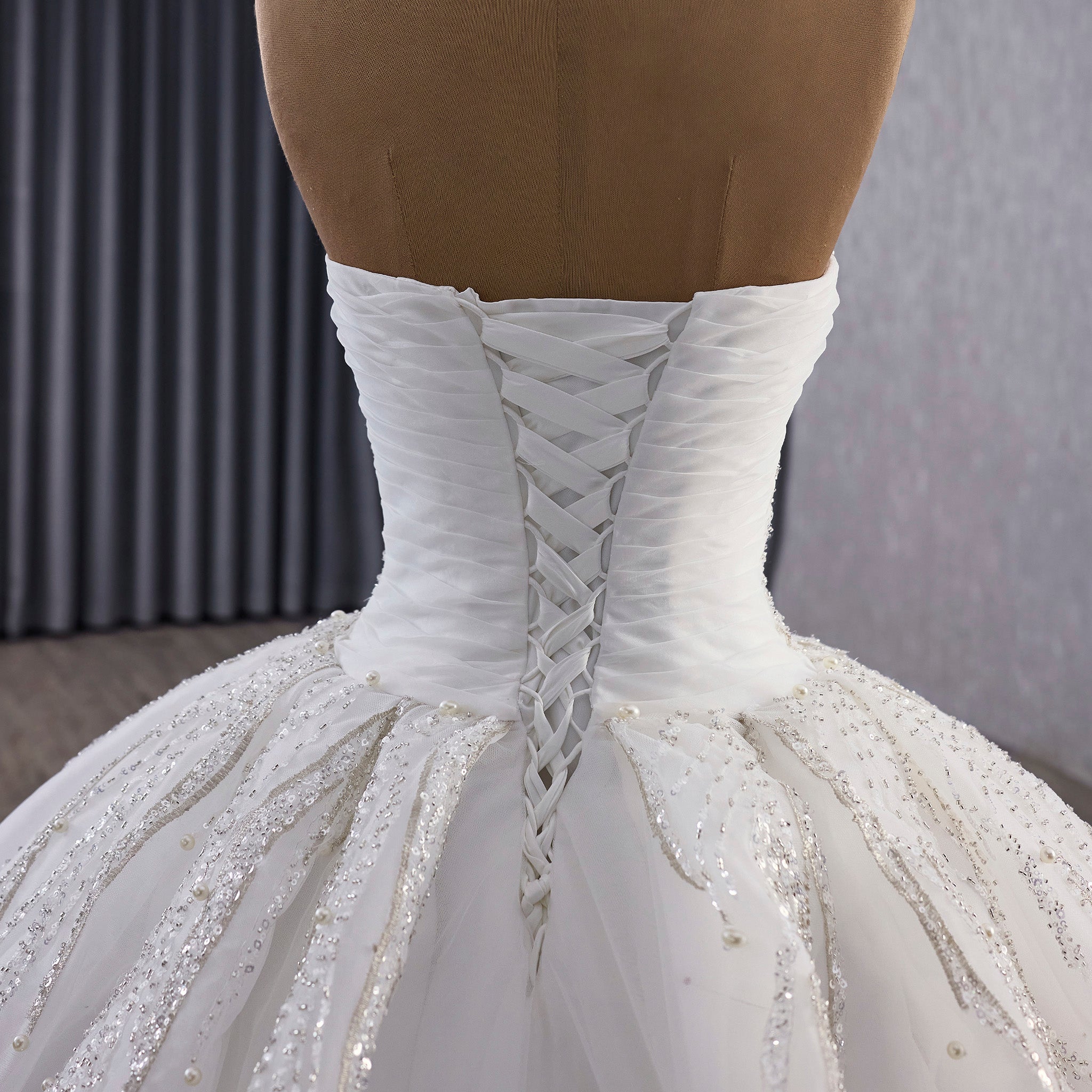 Big Train Strapless Puffy Skirt Ball Gown Wedding Dress with Pearls - Rosymae