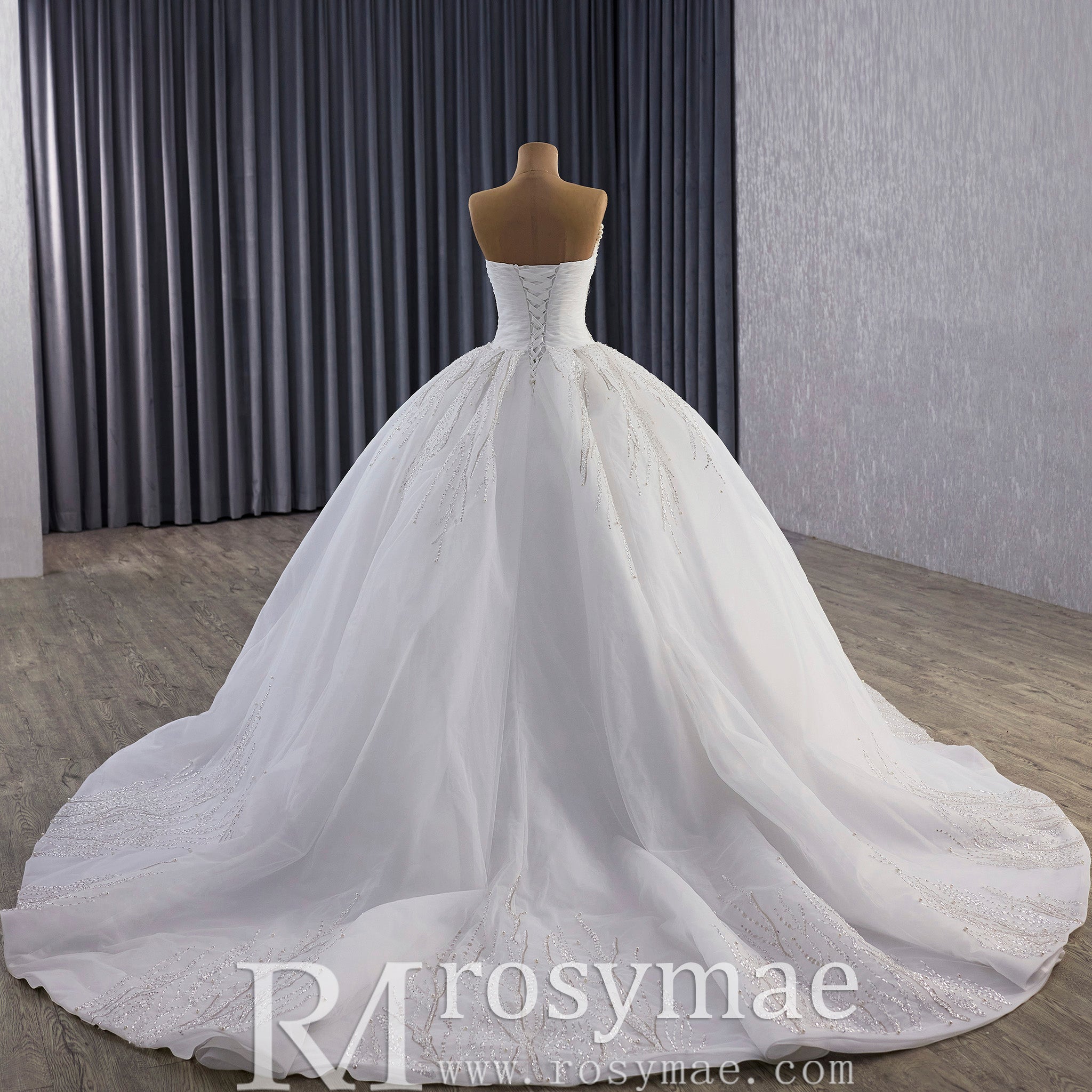 Big Train Strapless Puffy Skirt Ball Gown Wedding Dress with Pearls - Rosymae