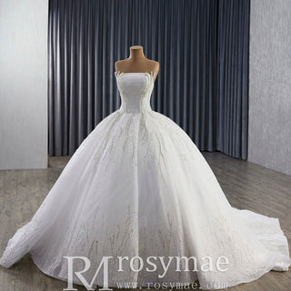 Big Train Strapless Puffy Skirt Ball Gown Wedding Dress with Pearls - Rosymae