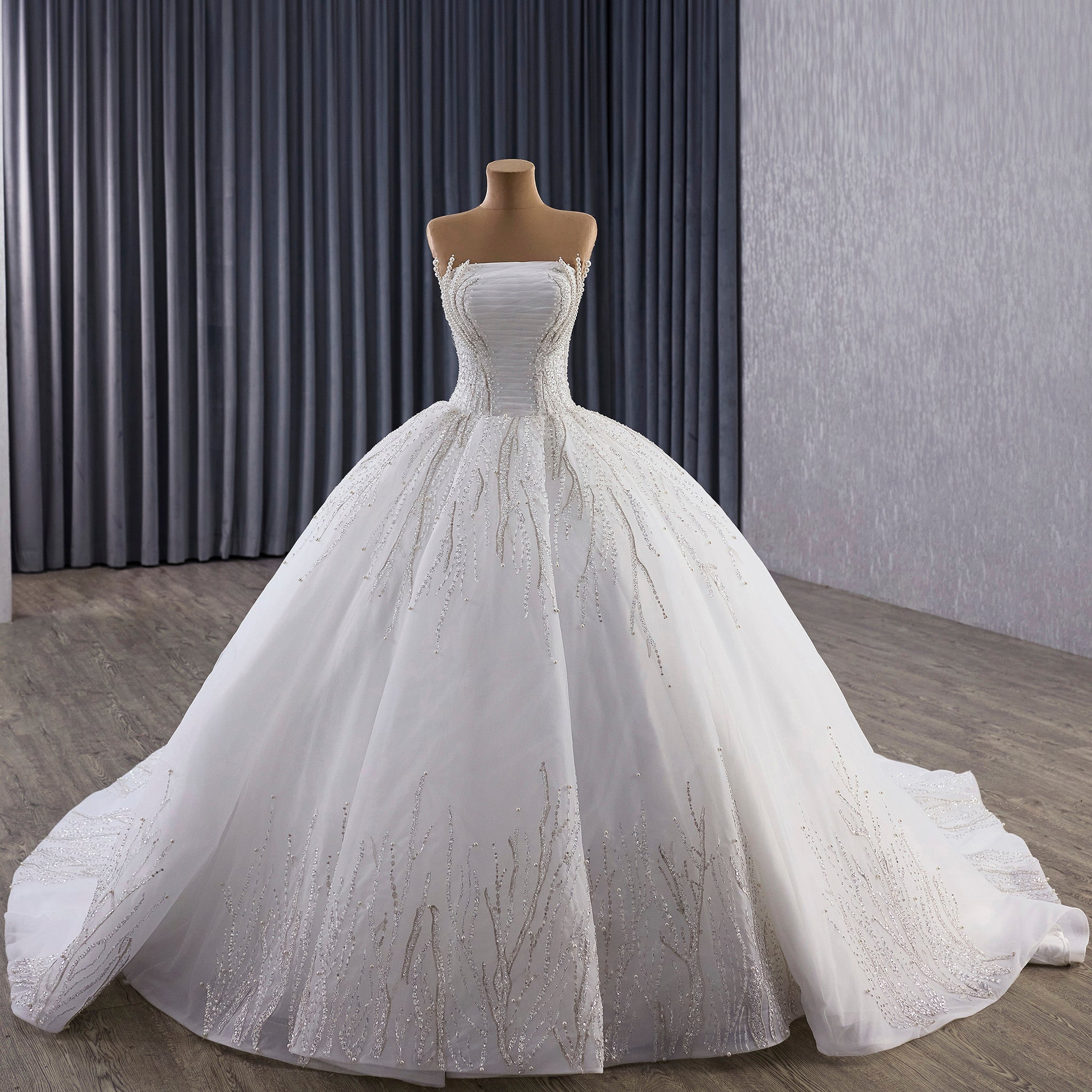 Big Train Strapless Puffy Skirt Ball Gown Wedding Dress with Pearls - Rosymae