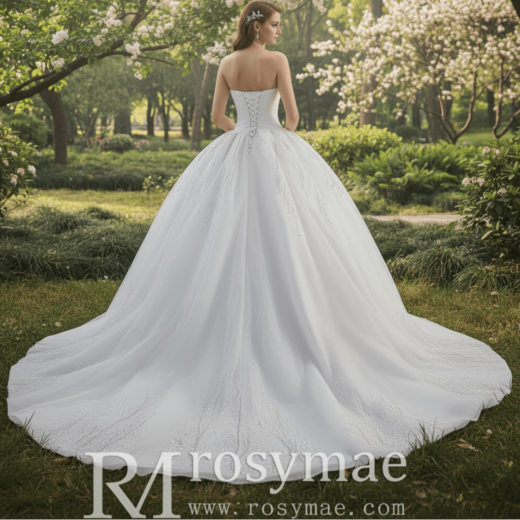 Big Train Strapless Puffy Skirt Ball Gown Wedding Dress with Pearls - Rosymae