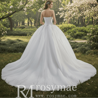 Big Train Strapless Puffy Skirt Ball Gown Wedding Dress with Pearls - Rosymae