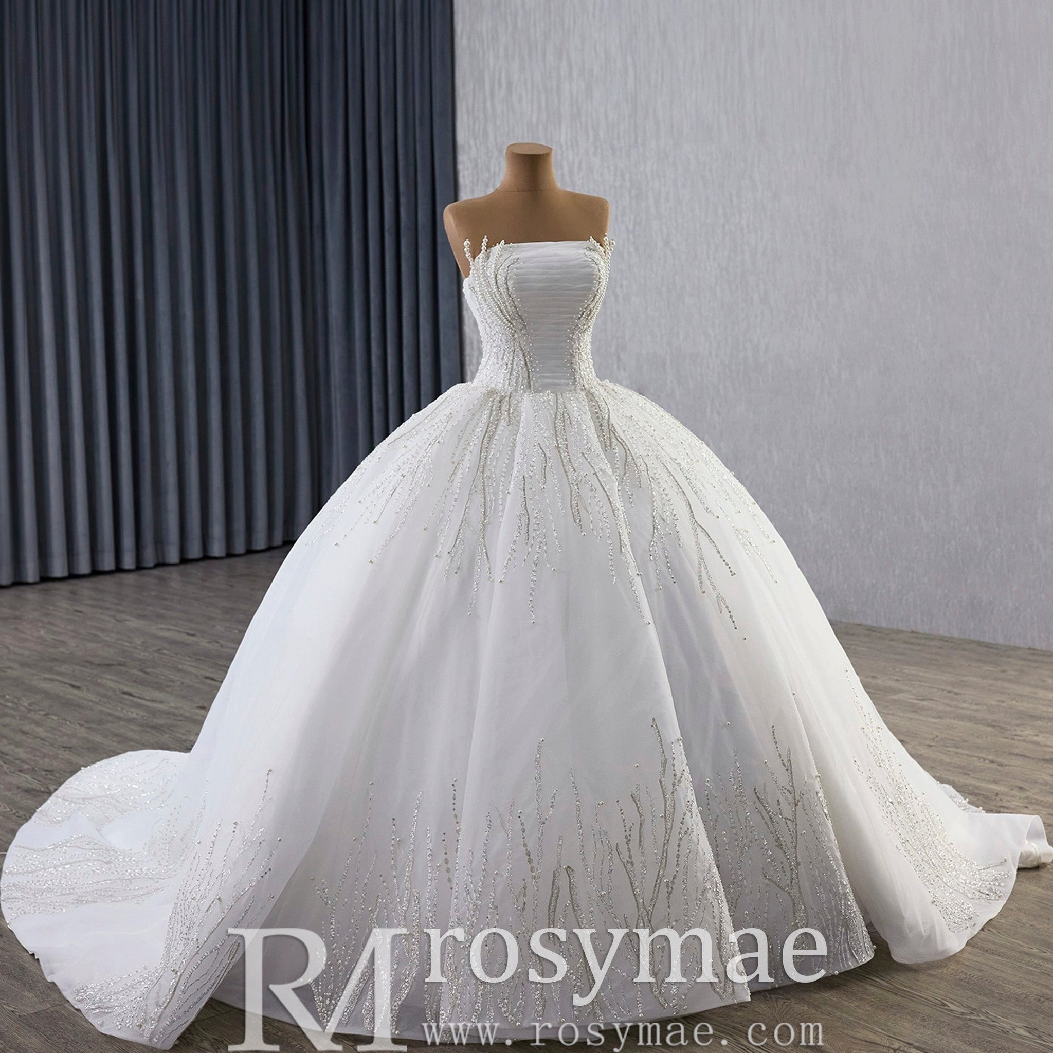 Big Train Strapless Puffy Skirt Ball Gown Wedding Dress with Pearls - Rosymae