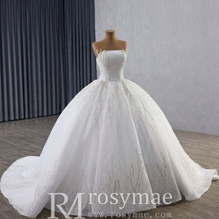 Big Train Strapless Puffy Skirt Ball Gown Wedding Dress with Pearls - Rosymae