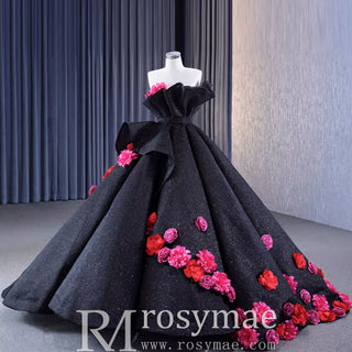 Black 3D Flowers Ball Gown Sparkly Wedding Dress with Puffy Skirt - Rosymae