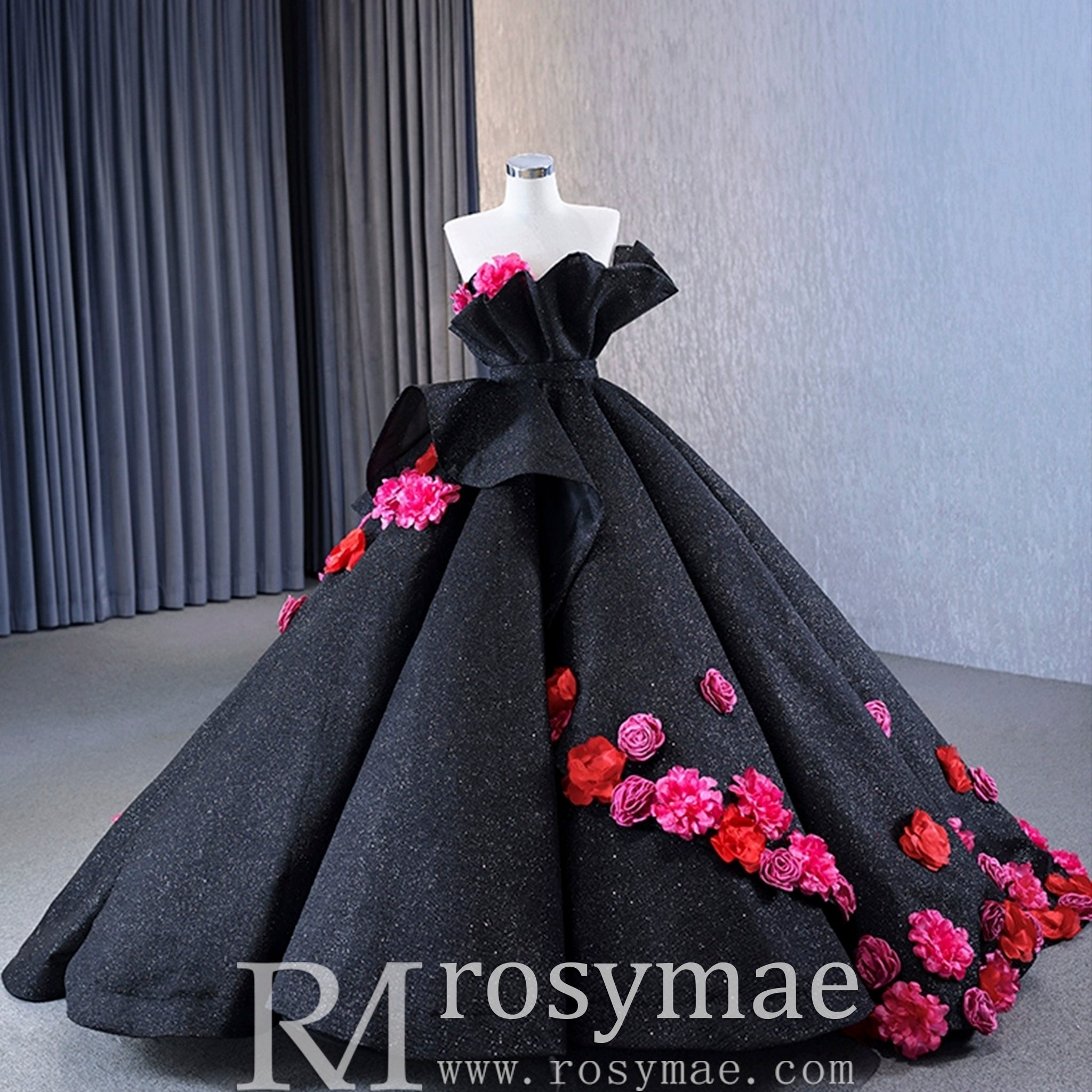 Black 3D Flowers Ball Gown Sparkly Wedding Dress with Puffy Skirt - Rosymae