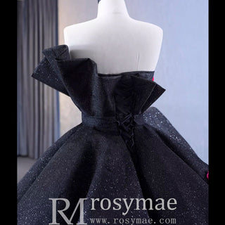 Black 3D Flowers Ball Gown Sparkly Wedding Dress with Puffy Skirt - Rosymae