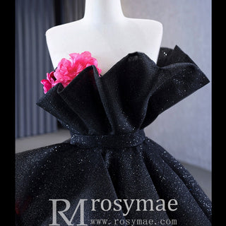Black 3D Flowers Ball Gown Sparkly Wedding Dress with Puffy Skirt - Rosymae