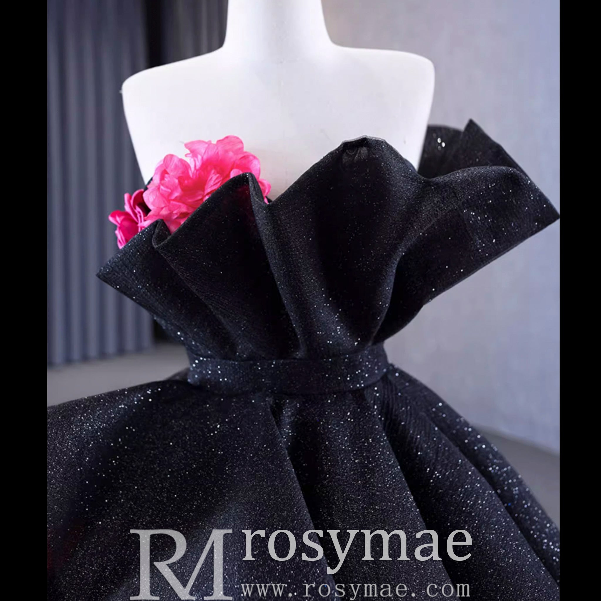 Black 3D Flowers Ball Gown Sparkly Wedding Dress with Puffy Skirt - Rosymae