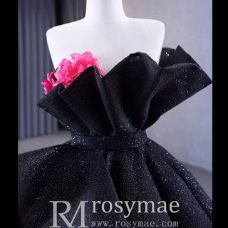Black 3D Flowers Ball Gown Sparkly Wedding Dress with Puffy Skirt - Rosymae