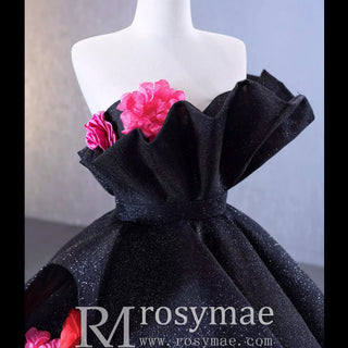 Black 3D Flowers Ball Gown Sparkly Wedding Dress with Puffy Skirt - Rosymae