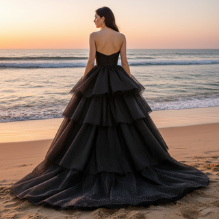 Strapless A-line Black Wedding Dress with V Neckline for Women