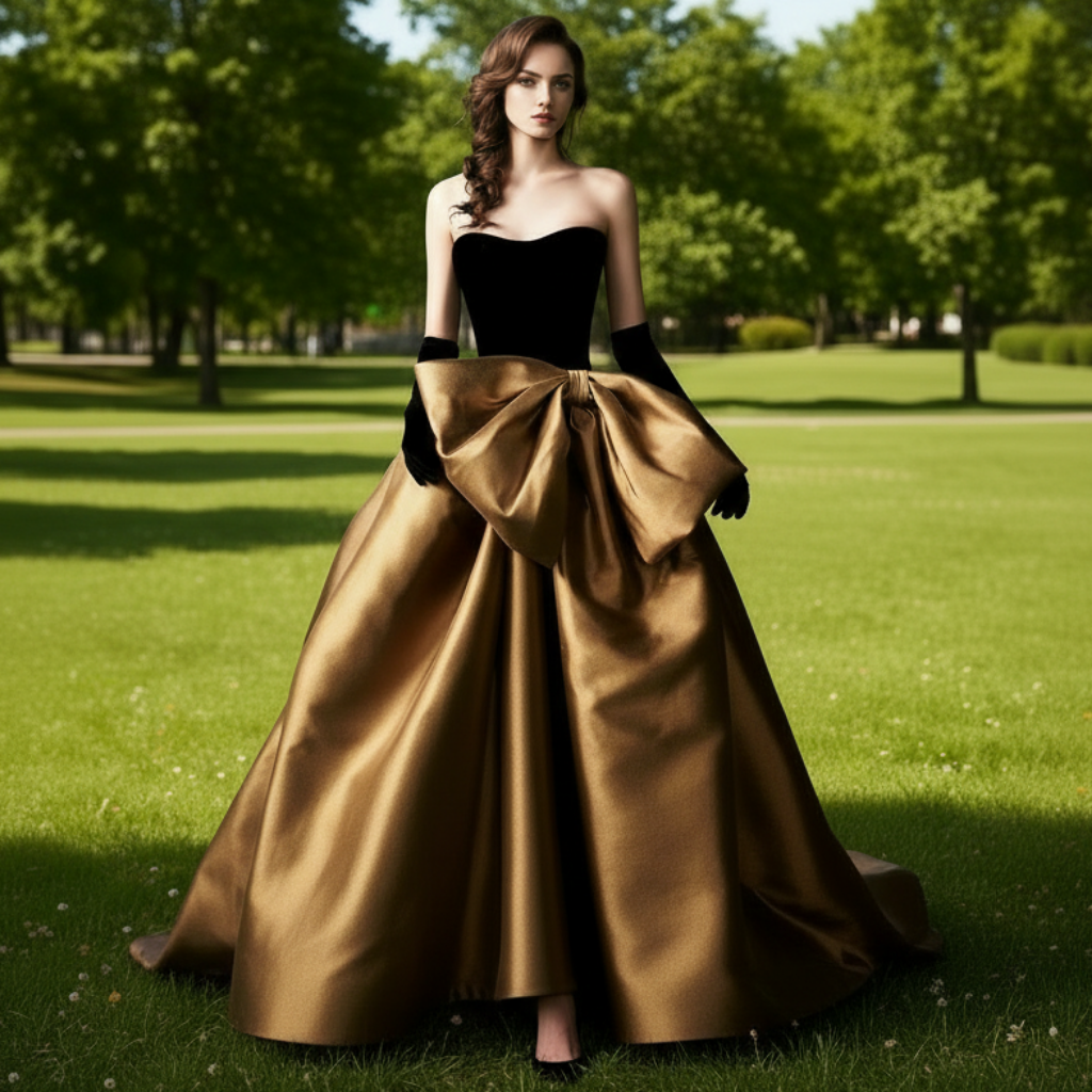 Black Velvet and Champagne Satin Long Prom Dress Formal Gown Coffee / 8 Black Velvet and Champagne Satin Long Prom Dress Formal Gown Coffee / 8