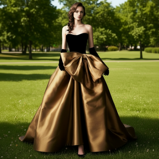 Black Velvet and Champagne Satin Long Prom Dress Formal Gown