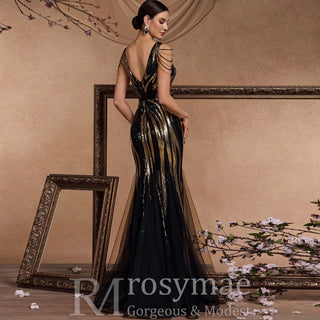 Black and Gold Sequin Evening Dress with V-neck and Sweep/Brush Train - Rosymae