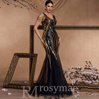 Black and Gold Sequin Evening Dress with V-neck and Sweep/Brush Train - Rosymae