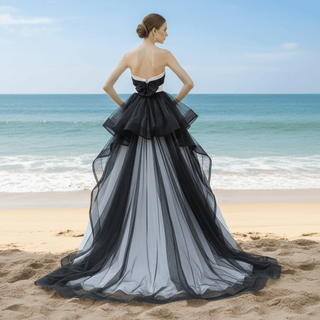 Black and White A-line Satin Wedding Dresses Bridal Gowns - Rosymae