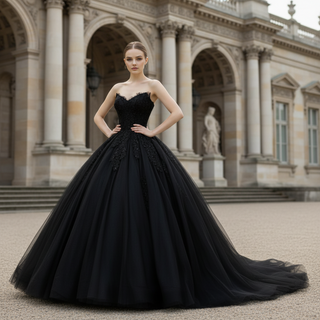 Elegant Black Ball Gown Wedding Dress Strapless Neck