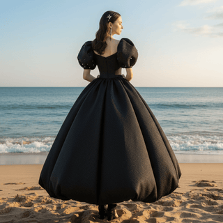 Black Cocktail Dress Calf Length Party Gown with Puffy Short Sleeve - Rosymae