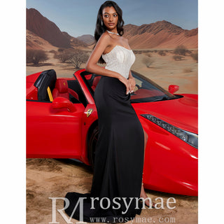 Black & Cream Boat Neck Split Maxi Dress Prom Gown with Corset Back - Rosymae