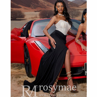 Black & Cream Boat Neck Split Maxi Dress Prom Gown with Corset Back - Rosymae
