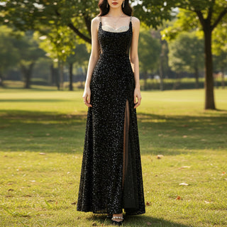 Black Long sparkly Sequined Prom Dress with Spaghetti Straps Rosymae Black Long sparkly Sequined Prom Dress with Spaghetti Straps Rosymae
